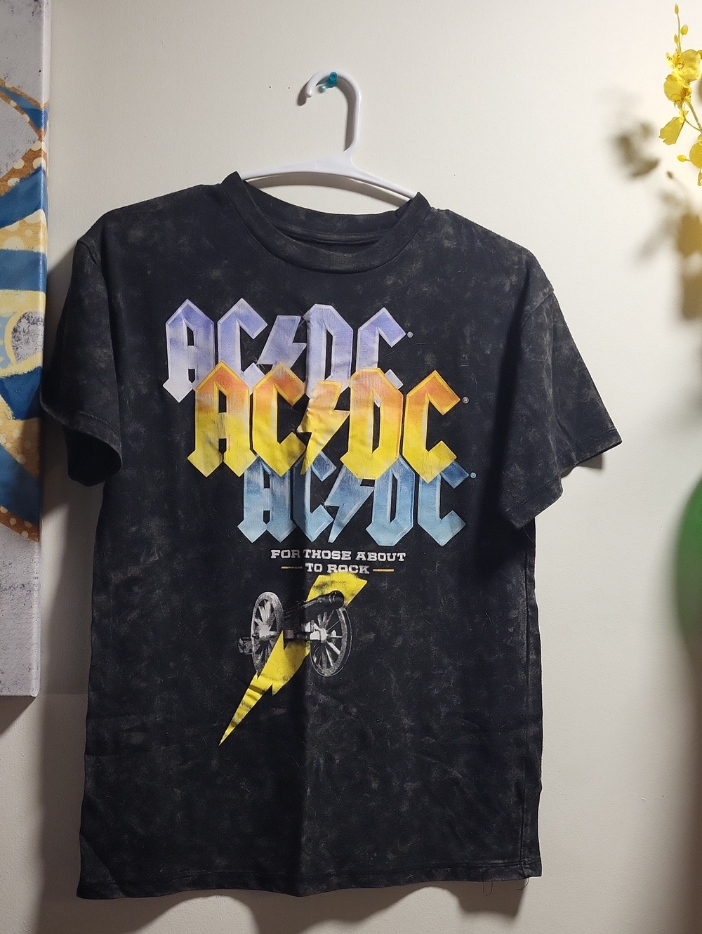 AC/DC Black Washed Short Sleeve Tee with Yellow & Blue Logo
